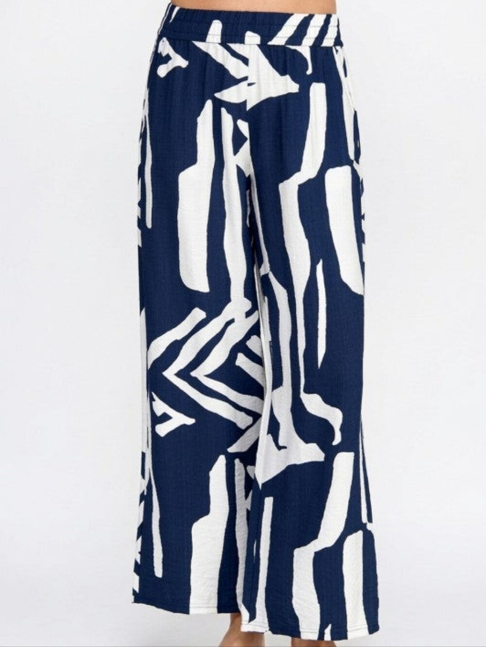 Navy & Off White Tribal Linen Blend Wide Leg Pants